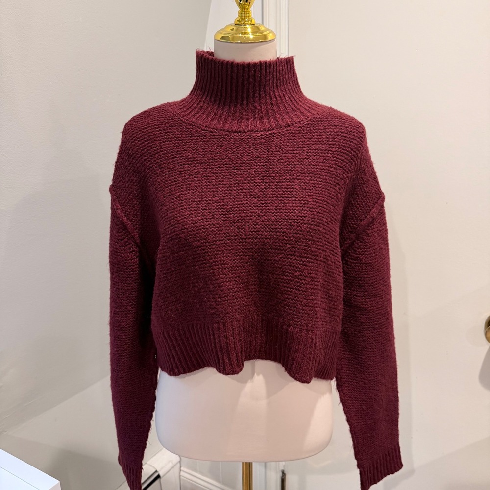 Elodie Burgundy Turtleneck Cropped Sweater Cozy Knit | XL